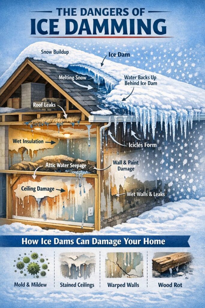 Homeowners often don’t realize ice dam damage is occurring until interior symptoms appear.